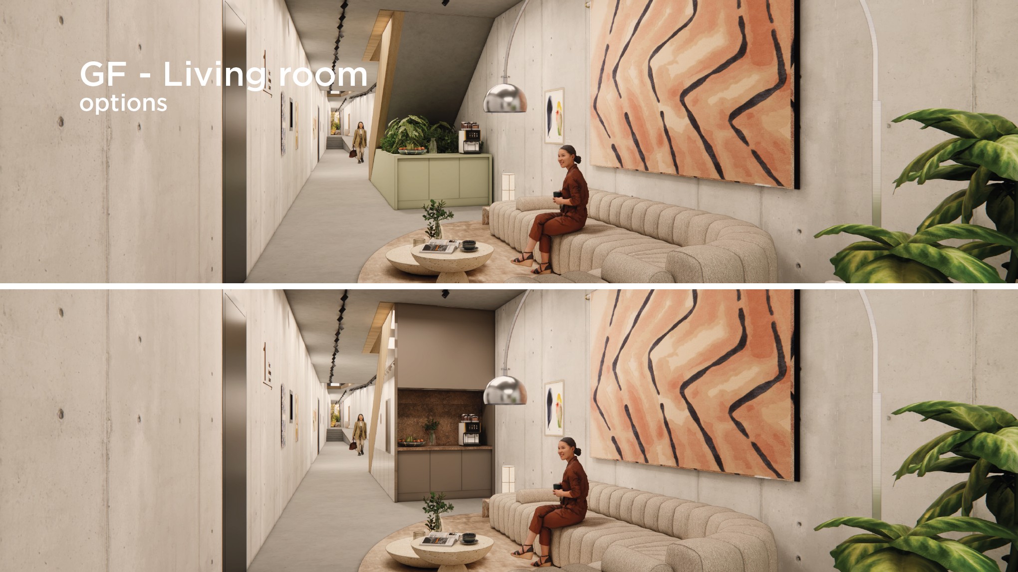 Twee interieurontwerpen van een moderne woonkamer aan de Fred. Roeskestraat met betonnen muren, een zitbank, kunst aan de muur en een koffiehoek.